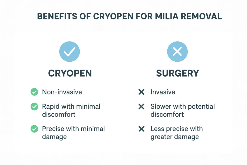 Benefits of cryopen for milia removal Waltham's Cross compared to surgical treatments.
