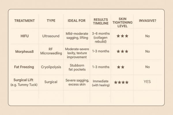 Table showing the comparisons of Skin tightening Waltham's Cross treatment options.